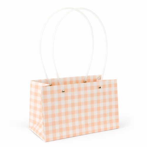 pungă tip poșetă carouri, piersică-alb, carouri gingham, 11 × 22 × 14 cm